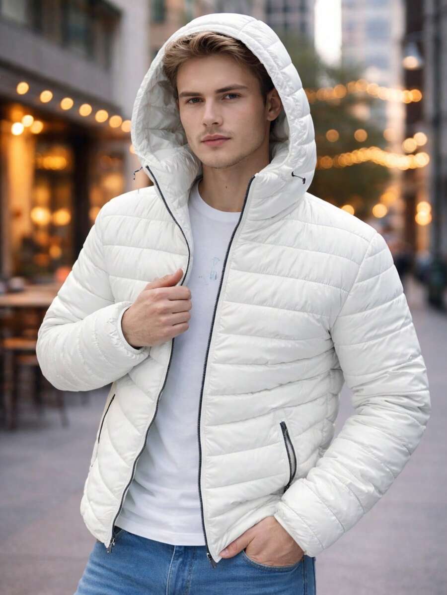 White Men's Basic Casual Jacket, Nice Lightweight HPC Polo Puffer - White - View 1