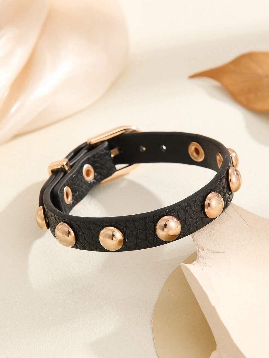 女士摇滚铆钉PU圆形铆钉摩托车暗黑风格Y2K可调节手链 - 优雅百搭，适合日常佩戴 - 黑色 - 查看 1
