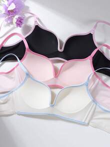 3pcs/Set Teenage Girls' Seamless Wireless Colorblock Bras, Comfortable Cute Letter Print Bras, Suitable For 13-16 Years Old - Multicolor - View 6