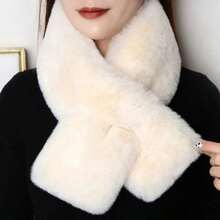 1Pc Faux Rabbit Fur Cross Neck Warmer - Plush Thickened Soft Solid Color Women's Scarf For Winter | Great For Self & Gifting - 白色 - 查看 5