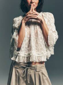 Women's Lace Cape Top Y2K Sheer Lace Floral Embroidery T-Shirt Long Flared Sleeve Round Neck Sheer Party Tops Elegant Loose Ruffle Trim Blouse For Spring Summer Fall - Trắng - Xem 2