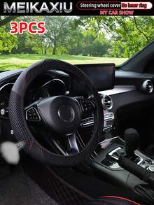 MEIKAXIU 3pcs/Set Mesh & PU Leather Patchwork Steering Wheel Cover, Handbrake Cover, Gear Shift Knob Cover Fit For 14.5-15 Inch Cars Decoration Accessories - Mesh Leather Sport - View 4