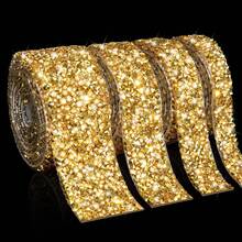 1 Roll Self-Adhesive Shiny Crystal Rhinestone Ribbon, Christmas Decor Rhinestone Glitter Stickers, DIY For Car, Computer, Makeup Desk, Crafts, Wedding Party Decorative Stickers, 2mm Rhinestone Production - 1 Yard Gold - View 1