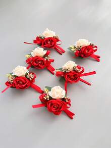 1pc/6pcs Artificial Silk Rose Flower Groom Boutonniere Man Brother Corsage Graduate Pin Suit Wedding Flowers Party Deocration - Red - View 3