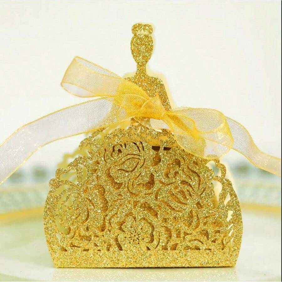 10 Stücke/25 Stücke/50 Stücke tragbare Hochzeitsgeschenkbox, Hochzeitsbonbonbox, kreative Hochzeitskleid-förmige Geschenkbox, Schleifenparty-Geschenkbox, geeignet für Bridal-Shower, Gäste, Jahrestags-Geschenke - Verschiedenfarbig - Übersicht 1