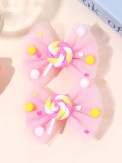 2个Y2K风格网纱糖果蝴蝶结发夹，甜美棒棒糖蝴蝶结发夹，可爱马卡龙色发夹，适合日常佩戴、上学、度假。可作为礼物送给朋友，女士可爱发夹配饰。