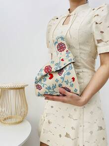 lulu kewen 女款迷你手提包，花卉圖案鉤針編織包，時尚背心式托特包，輕量透氣，可折疊，度假包，沙灘包，手提包 - 米色 - 查看 5