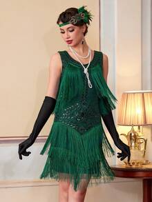 Vestido de fiesta con flecos y decoración de lentejuelas en escote en V, estilo Flapper de los años 20, con set de accesorios - Verde - Ver 8