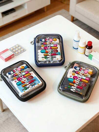 Compact And Portable Medical Kit Printed With "Medicines" And Pill Pattern,Travel Zipper Medical Kit,Transparent Medicine Storage Bag,Medicine-Themed Storage Bag, Version Of Travel And Home Portable Storage Bag,Transparent Waterproof Storage Bag,Mini Makeup Bag,For Medicines, Cosmetics, And Data Cable