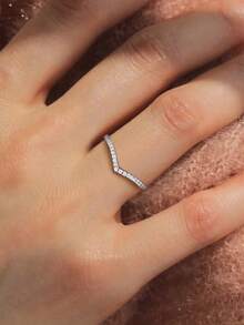 1Pc Fashion High-End Exquisite Luxury Diamond Ring, V-Shaped Inlaid Diamond Ring, Wedding Ring, Engagement Ring, Suitable As A Beautiful Gift To Witness Love - Silver - View 2
