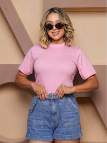 Blusas T-shirt Gola Alta Blusa  Feminina Gola Alta em Ribana Camiseta básica 100% Algodão Premium - Rosa Bebê - Visão 3