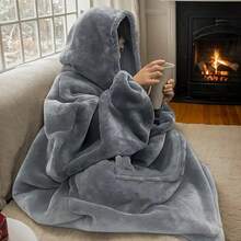 Loose Hooded Long Plush Bathrobe Set - Black Grey Pink Cow Print Color Choices, Pocketed Elastic Soft Polyester Fabric, Thick Warm Fluffy Loungewear With Cozy Hood, Comfortable Sleep Robe For Women Suitable For Autumn Winter Home Leisure & Nighttime Wear - 灰色 - 查看 6