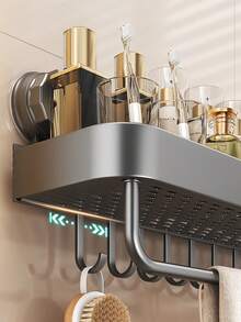 1pc Wall-Mounted Shower Caddy (With Suction Cups), With Towel Hooks, Space-Saving Bathroom Organizer For Shampoo, Soap, And Toiletries, Bathroom Shelf And Storage Box, Bathroom Tray