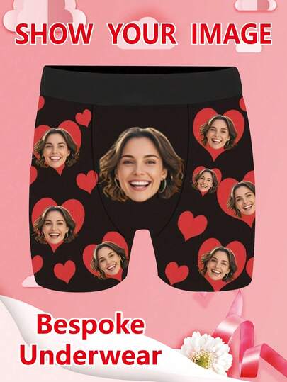 1pc Personalized Photo Romantic Style Men's Black Briefs - Customized Portrait And Heart Design, Perfect Gift For Boyfriend/Husband On Valentine's Day, Birthday, Anniversary