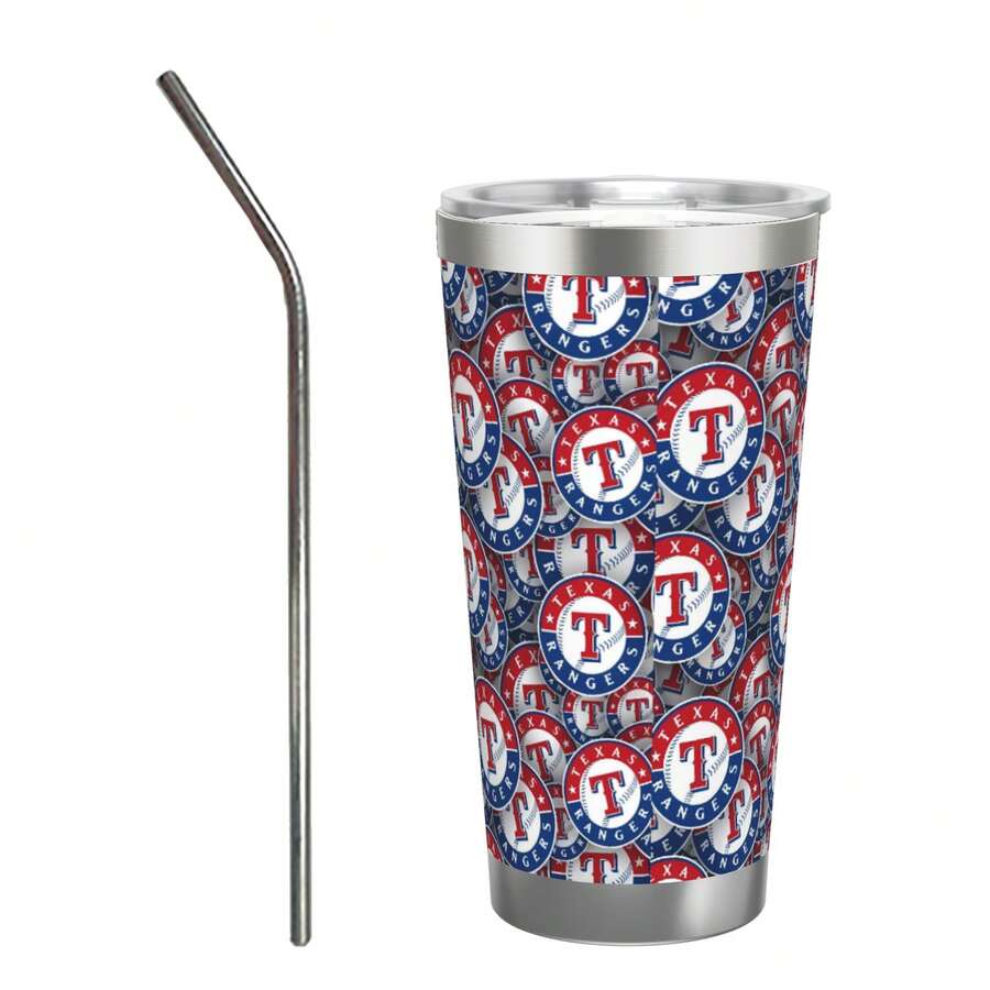 304 Stainless Steel Double Silver Edge Vacuum Insulated Drum 340g - Reusable Travel Cup With Stainless Steel Straw - This Is A Stainless Steel Water Cup About The Texas Baseball Rangers  Theme - Leak Proof, Sweat Proof, Can Maintain Hot And Cold Temperatures For Hours, Frees Of Bisphenol A, Suitable For Car Cup Holders, Very Suitable For Match Days, Sports Events, Commuting, Office Rest And Outdoor Activities, Durable Double Wall Structure Fashionable Fan Gift - Silver - View 1
