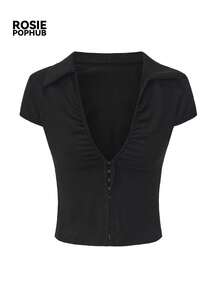 ROSIE POPHUB Women's Black Front Zipper Collar Fitted Sexy Casual Street T-Shirt, Spring/Summer New Arrival - Black - View 6