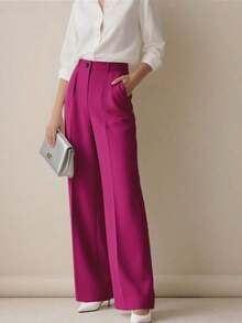 Women's High Waist Pleated Loose Fit Trousers, Suitable For Work And Casual Wear, Spring/Summer - 玫紅色 - 查看 3