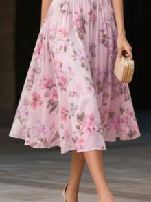 Đầm chiffon hoa không tay thanh lịch - Cổ chữ V lãng mạn, eo thắt, chân váy xòe, thích hợp cho kỳ nghỉ xuân/hè. - Màu Hồng baby - Xem 4