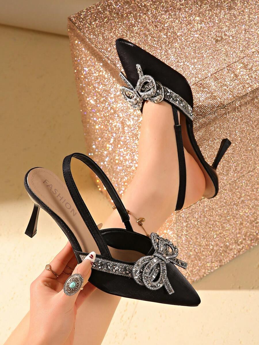 Sapatos de salto alto para casamento com laço de strass para mulheres