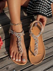 女士凉鞋 足弓支撑 夏季沙滩凉鞋 舒适步行鞋 波西米亚风人字拖凉鞋 - 卡其色 - 查看 2