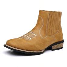 Men's Black Western Embroidery Chelsea Boots Retro Stitch Casual Ankle Boots