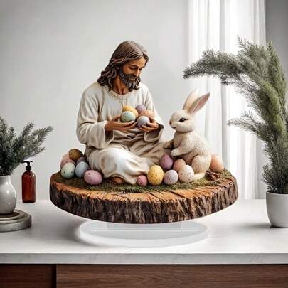 2D Flat Boho Style 2D Acrylic Easter Jesus And Bunny Tabletop Decor, 9"X9" Religious Peace & Hope Theme, Multipurpose Home & Office Display, Ideal For Festive Celebrations, English Text, No Electricity Or Battery Needed