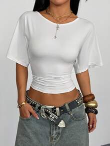 AITYI Studio Women's Top, Well Fit Casual Oblique Shoulder Ruched Waist Fashionable Design Slim Fit Minimalist Elegant Commute Outdoor Versatile Y2K, Beach Party, Back To School, Graduation, Carnival, Easter, Music Festival, Spring/Summer Knit Short Sleeve T-Shirt - White - View 1