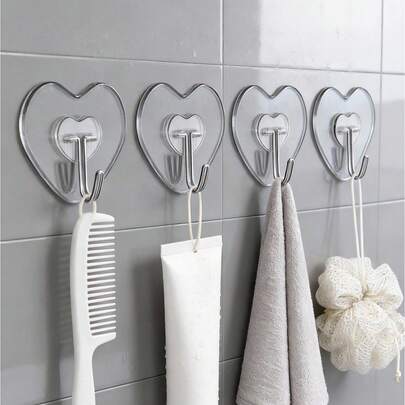 100 Stück - Klebehaken für Küche & Bad, starke transparente Klebehaken für die Wand - lässiger Stil, Anbringen ohne Bohren, herzförmige praktische Kunststoffhaken, geeignet für Küche und Bad, Wandmontage Organizer, Badezimmer Regal, Badezimmer Dekoration