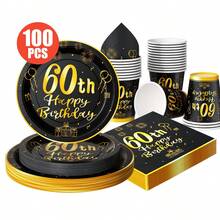 60th Birthday Black & Gold Disposable Plates, Napkins, Cups, 25 Guests Party Supplies Set, Suitable For Birthday, Wedding, Theme Party, Family Picnic - Multicolor - View 1