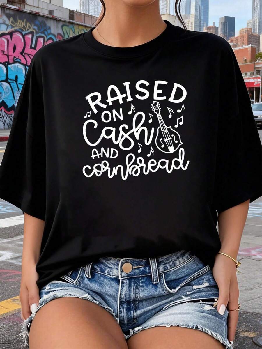 Camiseta linda y divertida deúsica country Raised On Cash and Cornbread 2026, nuevas camisetas impresas para mujeres, estilos populares, camisetas de primavera para mujeres, camisetas de invierno, camisetas de para mujeresás vendidas - Negro - Ver 1