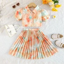 两件套女童扎染印花套装，泡泡袖短款上衣+百褶迷你裙，甜美清新夏季童装 - 彩色 - 查看 8