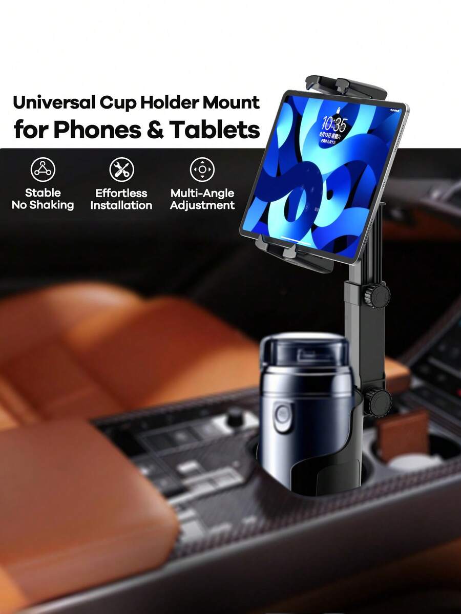 REMAX 适用于4.7-9.4英寸手机/平板电脑的杯架，多角度和高度可调，稳固防滑，适配3.3-3.75英寸杯底，360°旋转，1秒安装，可伸缩车载配件 - TS03-C46 黑色 - 查看 1