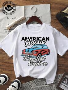 Camiseta gráfica de manga corta de verano para mujer, con estampado vintage de automóvil clásico americano, de corte holgado, casual, edición limitada, parte superior retro de automóvil para uso diario y streetwear - Blanco - Ver 6