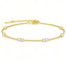 Luxury Riviera Baguette Bracelet, Gold/Silver Plated | Copper Base | Colored Cubic Zirconia | 18cm + 5cm Adjustable | With Pouch - 透明的 - 查看 8