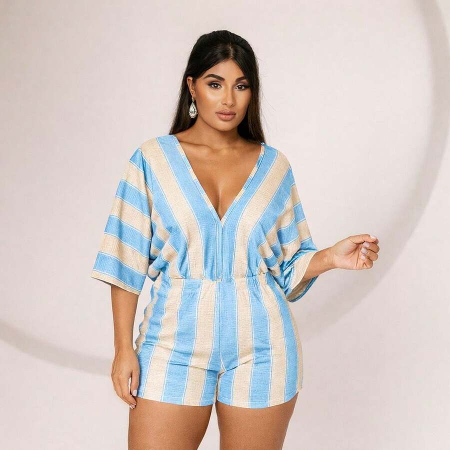 Women's Casual Jumpsuit With Flared Sleeves And Single Stripe, Stylish Summer Look. - Baby Blue Ivory - View 1