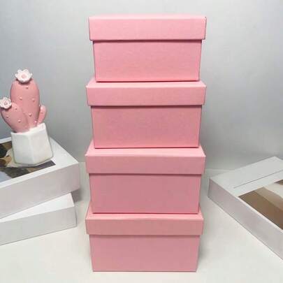 4pcs Pink Paper Square Gift Boxes, Solid Pink Square Covered Storage Boxes For Storing Miscellaneous Items, Stationery, Toys, Suitable For Birthday, Wedding, Jewelry Packaging, Valentine's Day, Wedding Romantic Atmosphere, General Gifting