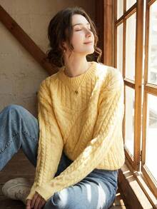 优雅女士秋冬时尚针织毛衣，加厚法式宽松套头衫，长袖圆领毛衣，返校季秋季穿搭，圣诞节，感恩节，新年时尚设计（图案随机） - 黃色 - 查看 10