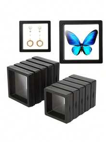 10pcs Black 3D Floating Display Cases - Anti-Oxidation & Dustproof Jewelry Boxes For Earrings, Necklaces, Coins & Pins - Transparent Plastic Organizer With Hinged Lids