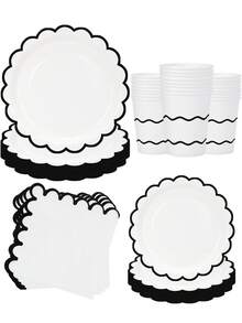 10pcs/50pcs/80pcs White And Black Wavy Edge Paper Plates, Paper Cups, Paper Napkins Set, Black Party Supplies Including Wavy Edge Plates, Serving Trays, Decorative Napkins, Cups, Suitable For Wedding, Birthday, Holiday Party - Black Lace - View 4