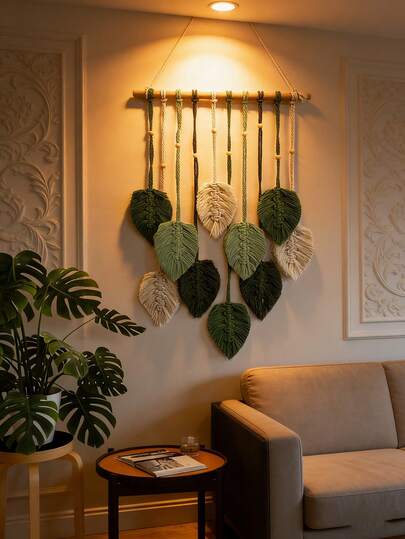 1 件手工创意编织绳叶装饰，波西米亚风格编织壁挂挂毯