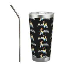 304 Stainless Steel Double Silver Edge Vacuum Insulated Drum 340g - Reusable Travel Cup With Stainless Steel Straw - This Is A Stainless Steel Water Cup About The Miami Baseball Marlins  Theme - Leak Proof, Sweat Proof, Can Maintain Hot And Cold Temperatures For Hours, Frees Of Bisphenol A, Suitable For Car Cup Holders, Very Suitable For Match Days, Sports Events, Commuting, Office Rest And Outdoor Activities, Durable Double Wall Structure Fashionable Fan Gift - Silver - View 1