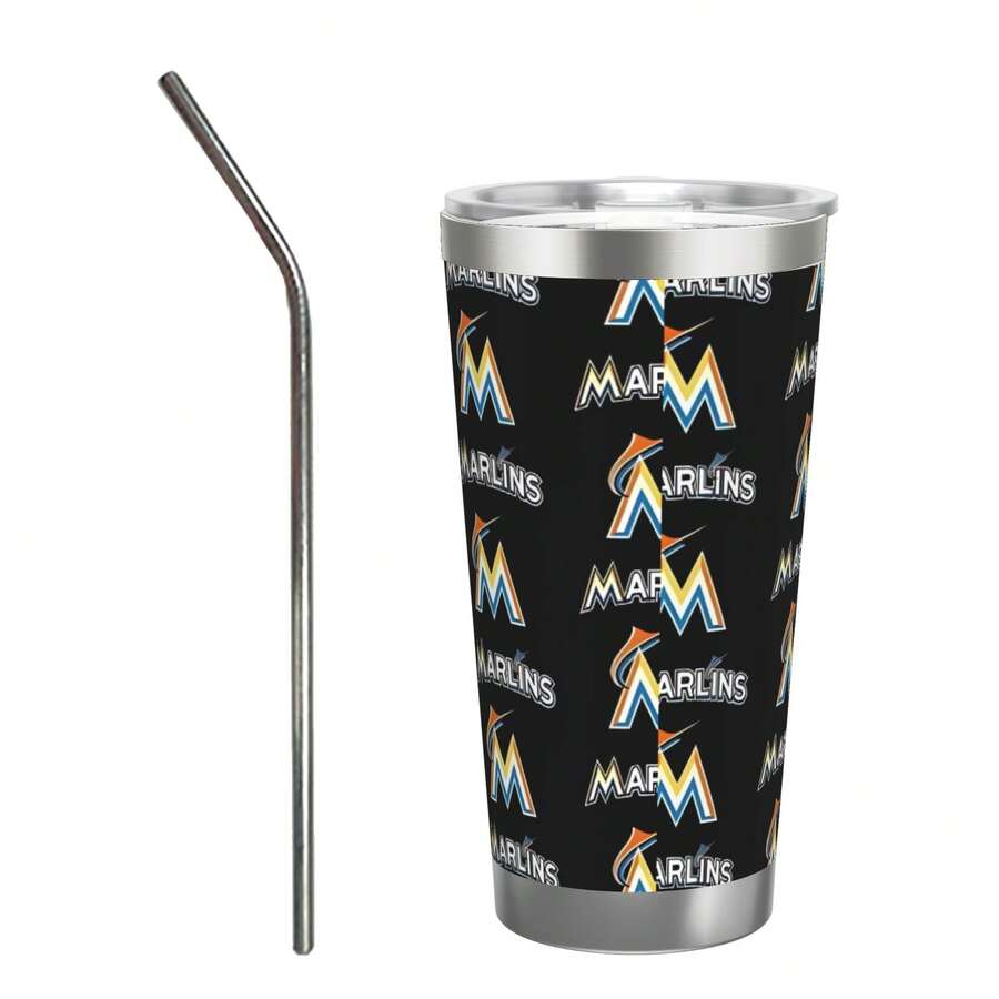 304 Stainless Steel Double Silver Edge Vacuum Insulated Drum 340g - Reusable Travel Cup With Stainless Steel Straw - This Is A Stainless Steel Water Cup About The Miami Baseball Marlins  Theme - Leak Proof, Sweat Proof, Can Maintain Hot And Cold Temperatures For Hours, Frees Of Bisphenol A, Suitable For Car Cup Holders, Very Suitable For Match Days, Sports Events, Commuting, Office Rest And Outdoor Activities, Durable Double Wall Structure Fashionable Fan Gift - Silver - View 1