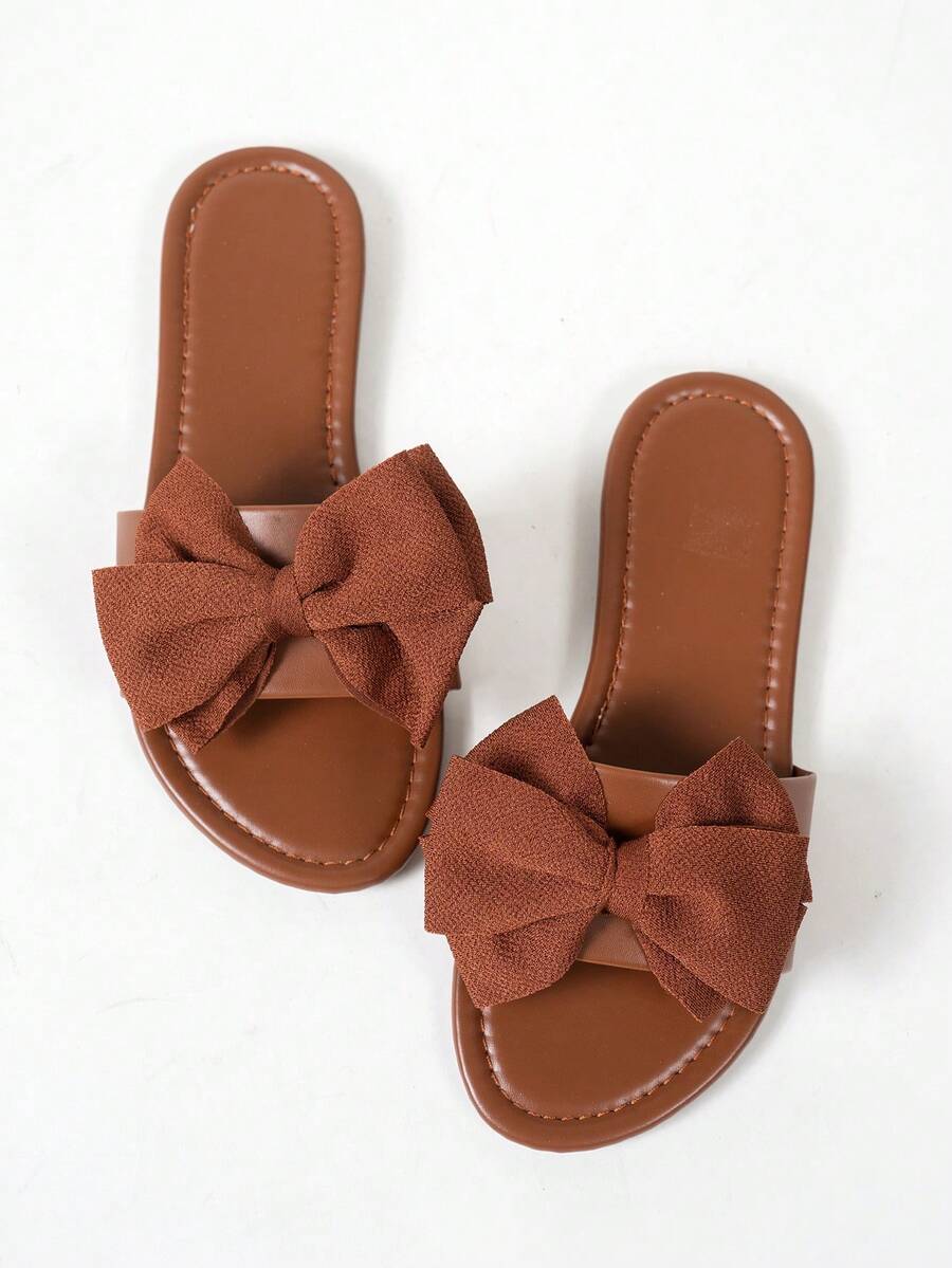 Women's Flat Slide Sandals, Bowknot Design, Soft Sole, Lightweight, Breathable, Casual Beach Slippers For Summer - Brown - View 1