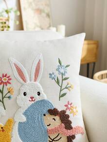 1pc Easter Bunny & Eggs Embroidered Decorative Pillow Cover, Spring Floral Cushion Cover, Suitable For Indoor Decor, Spring/Summer Decorative Pillow Case, Pillow Insert Not Included - Multicolor - View 5