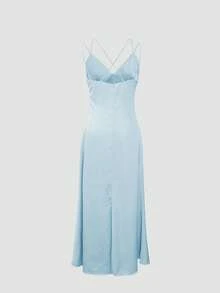 2026春夏新款时尚缎面性感吊带深V连衣裙，光泽优雅，适合小众派对氛围和约会之夜，女士必备。 - 淺藍色 - 查看 10