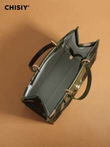 New Original Military Green Large Tote Bag, High Capacity Handbag With PU Camouflage Patchwork, Fashionable & Unique, Adjustable Shoulder Strap, Multi-Functional For Commuting, Outing, And School - 綠棕色迷彩 - 查看 5