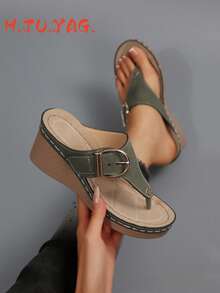 新款女士坡跟厚底人字拖，搭扣设计，轻便材质，厚底人字拖凉鞋，适合夏季休闲、海滩、日常穿着 - 軍綠色 - 查看 1