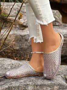 Women's Rhombus Mesh Sequin Mule Shoes, Summer New Flat Closed Toe Slip-On Fashion Slouchy Sandals - Pink - View 4