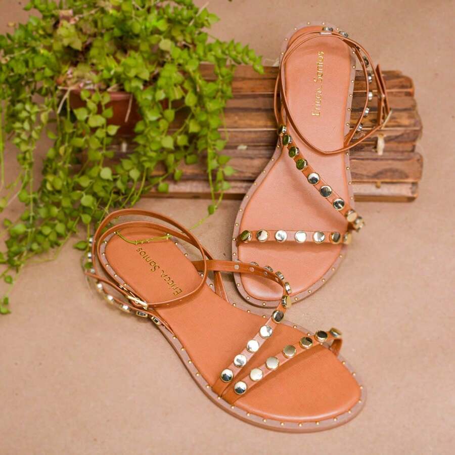 Women's Flat Sandal, Comfortable, With Metallic Embellishment, Modern Blogger Style, Casual - Màu nâu  Mocha - Xem 1