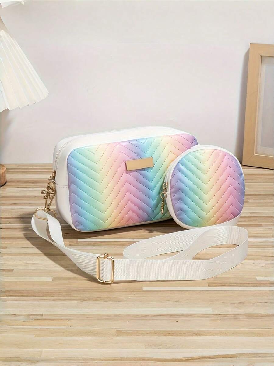 两件套彩虹渐变色单肩包、斜挎相机包和时尚单肩包，配有别致圆形零钱包，通勤百搭。 - 彩色 - 查看 1